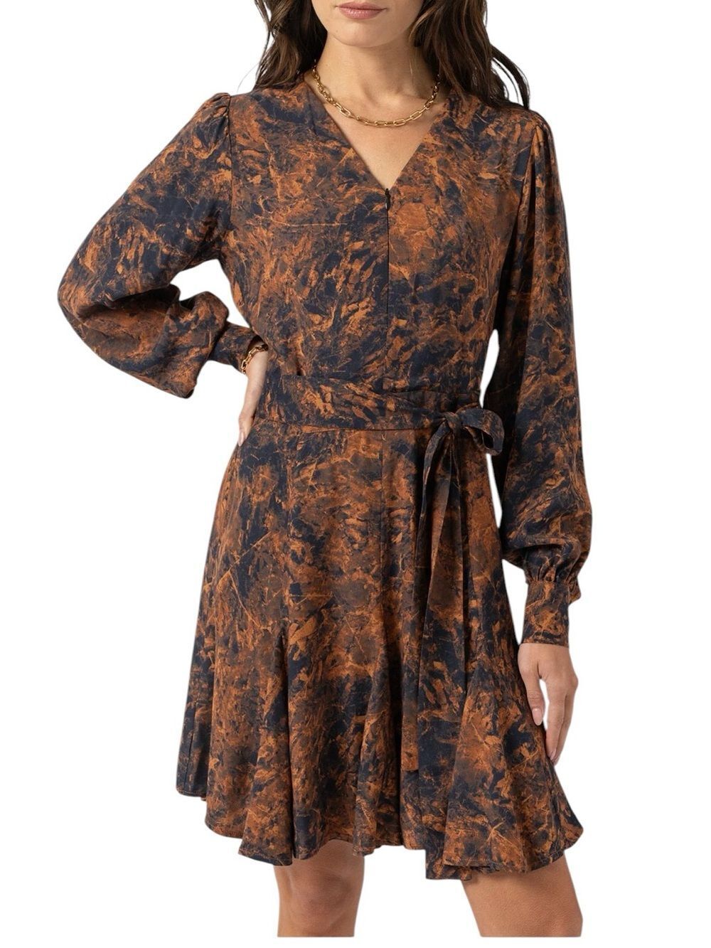saint + Sofia Long Sleeve Tie-Waist Dress in Rust and Black 6